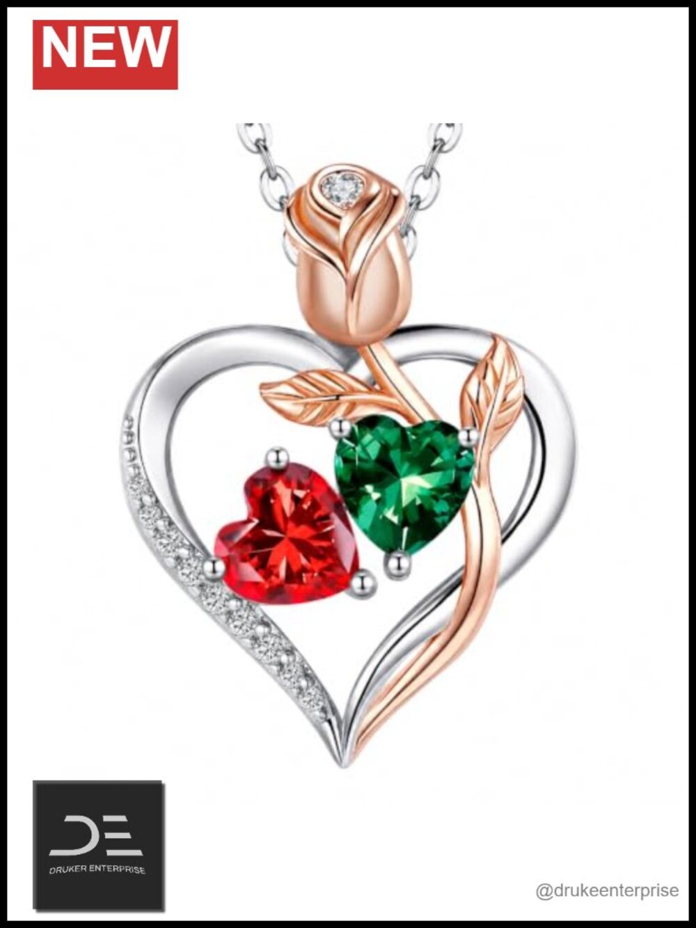 0.6ct Rose Heart Pendant Necklace Dual Birthstone Adjustable Chain